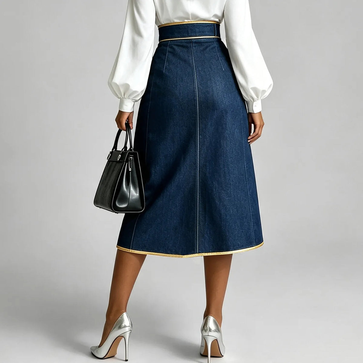 Women's Fashion High Waist Contrast PU Leather Piping Gold Metal Eyelet Hollow Out Split Denim Midi Skirt