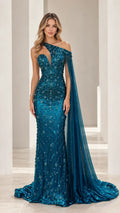 One-Shoulder Embellished Cape Evening Gown Mermaid Formal Maxi Dress