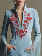 Western Retro Red Embroidered Blue Faux Suede Long-Sleeved Tassel Mini Dress