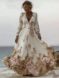 Classy Vintage Roses Print V Neck Flowy Maxi Linen Dress