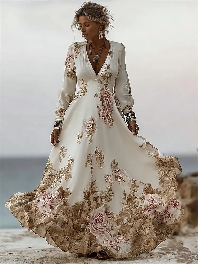 Classy Vintage Roses Print V Neck Flowy Maxi Linen Dress
