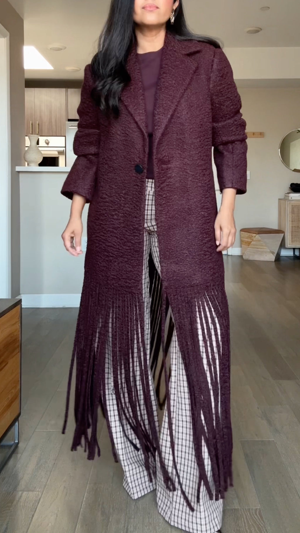 Textured Fringe-Hem Longline Coat