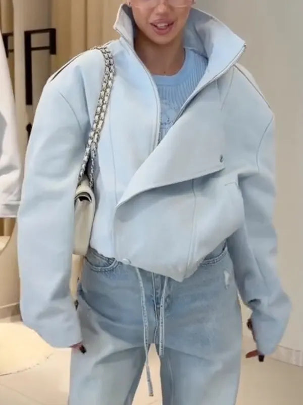 Light Blue Cropped Zip Up Jacket