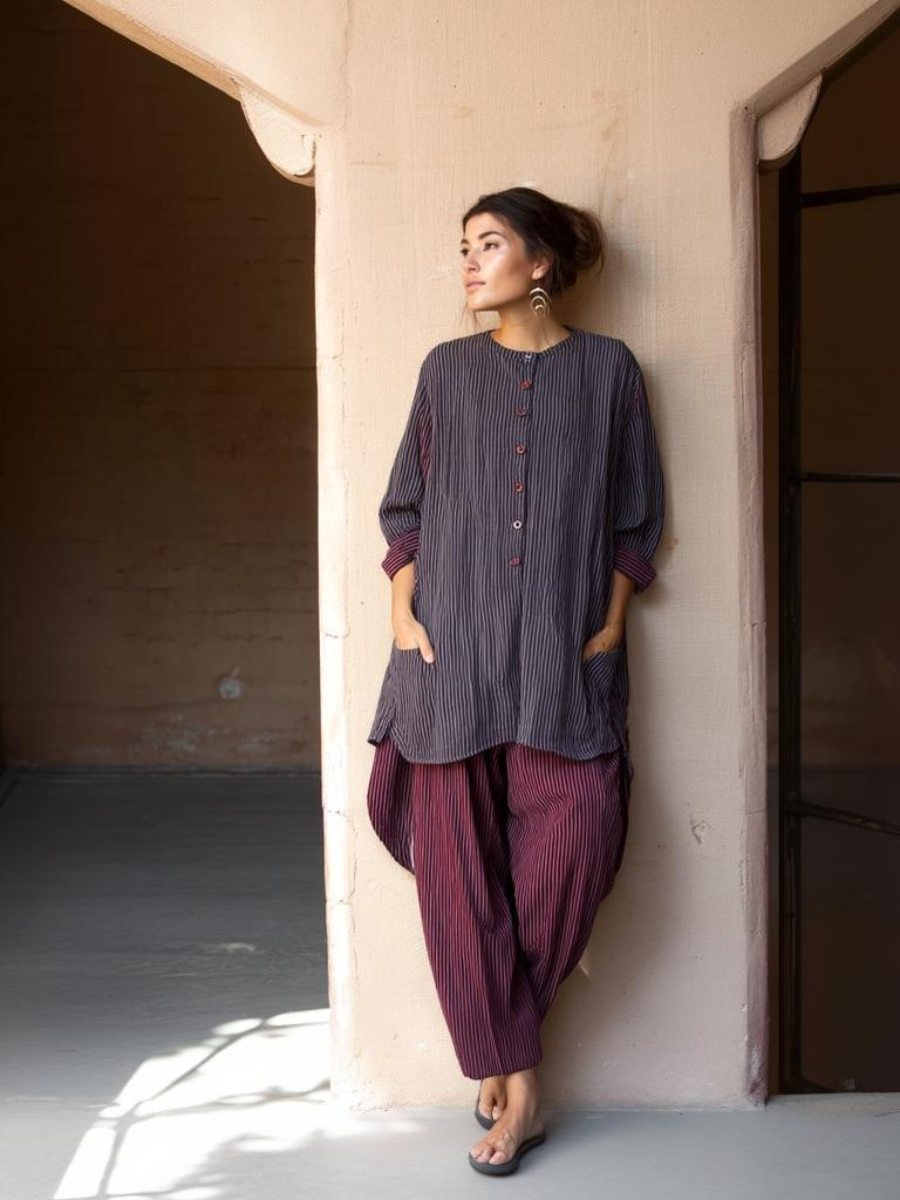 Women's cotton and linen round neck long sleeve suit