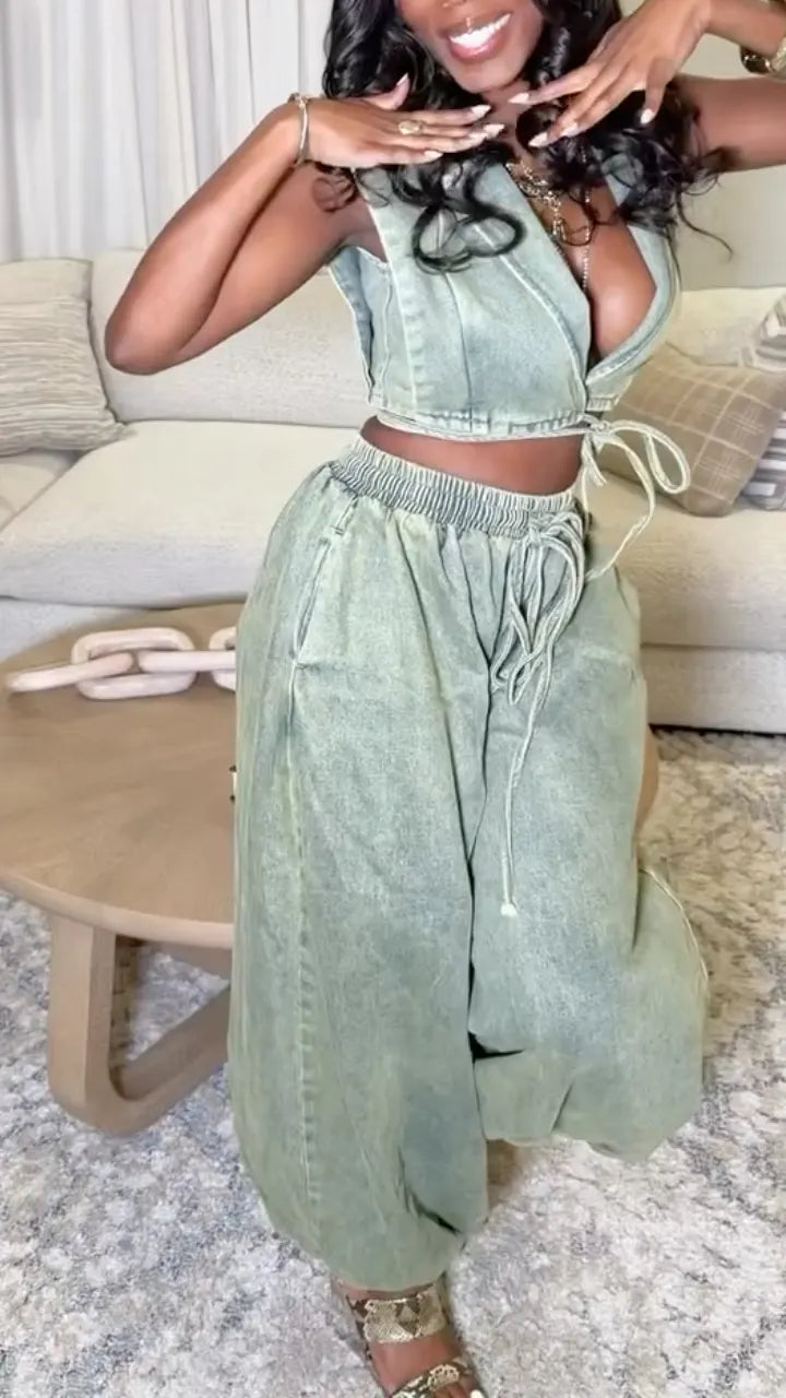 Wrap Crop Top & Wide Leg Pant Two‑Piece Set