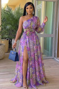 One Shoulder Cinch Waist Floral Vacation Maxi Dresses-Purple