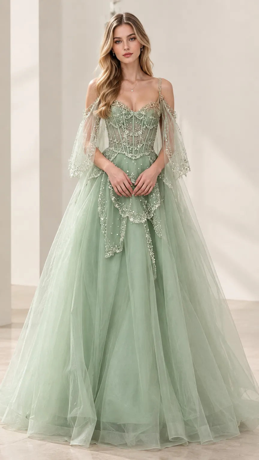 Embroidered Corset Tulle Evening Gown with Cold-Shoulder Flutter Sleeves