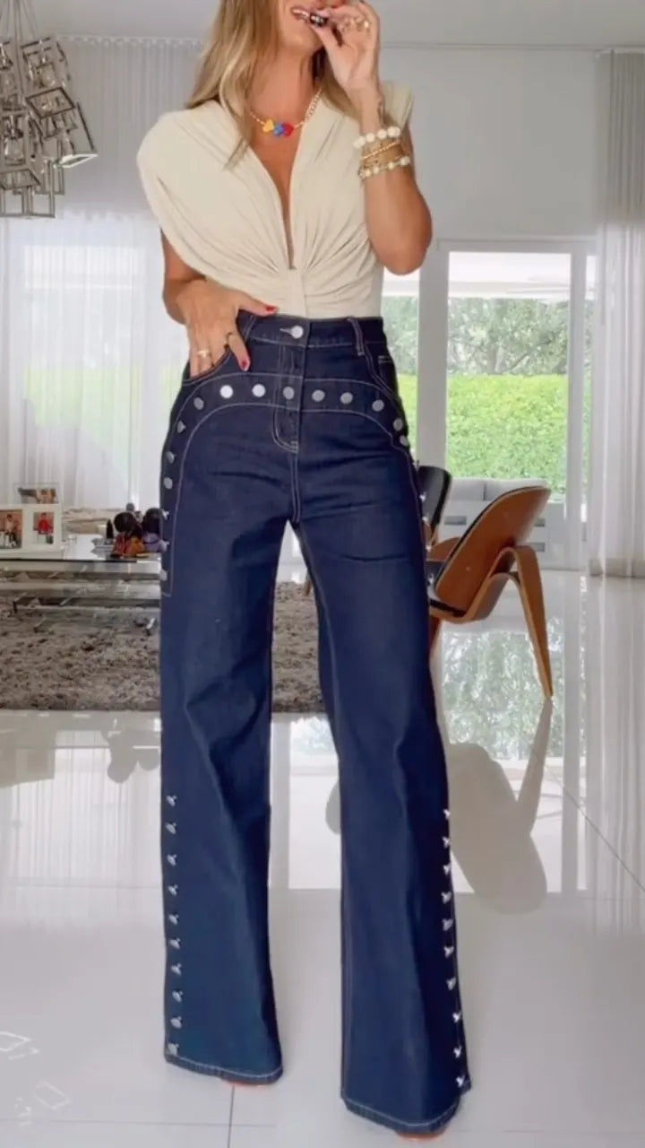 Metal Stud Decorated Dark Denim Wide Leg Jeans