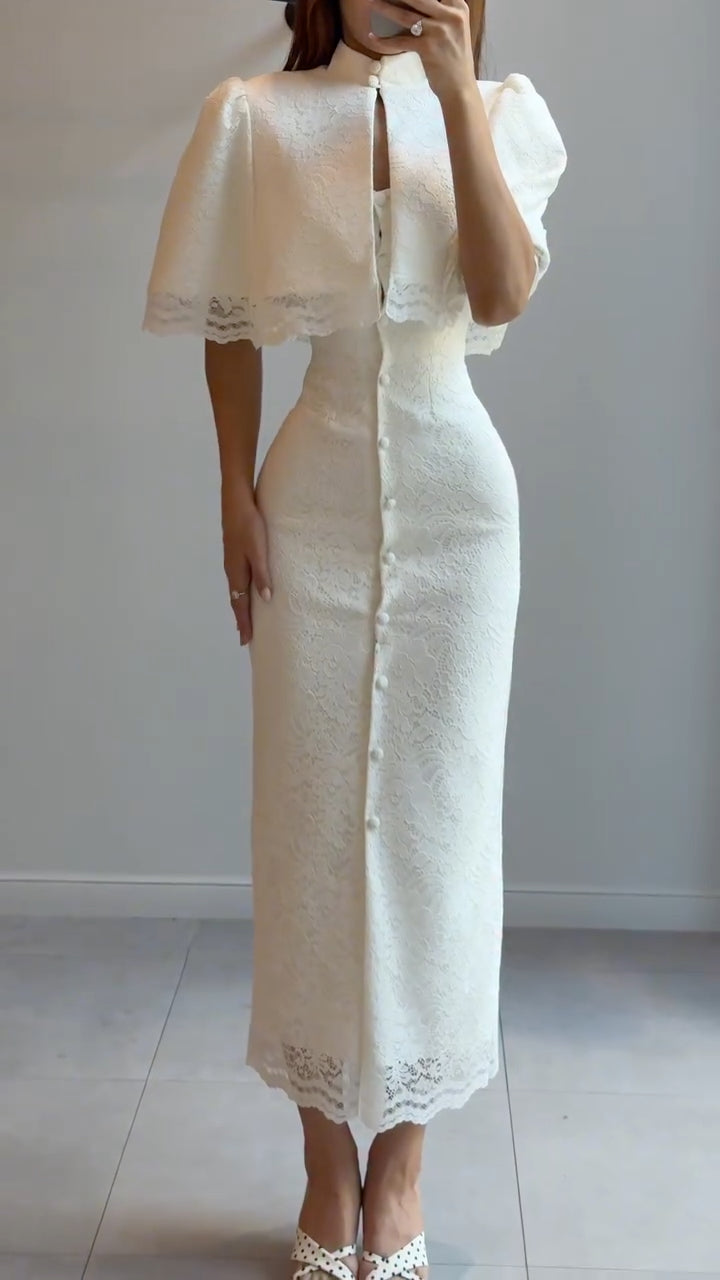 Cape-Overlay Lace Column Dress