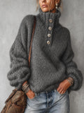Button-Neck Chunky Knit Sweater