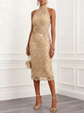 Champagne Ruched Lace Jacquard Classic Halter Neck Sleeveless H-Line Midi Dress