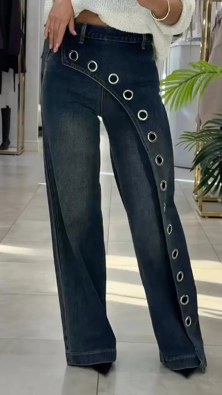 Dark Denim Eyelet Detail Wide Leg Jeans