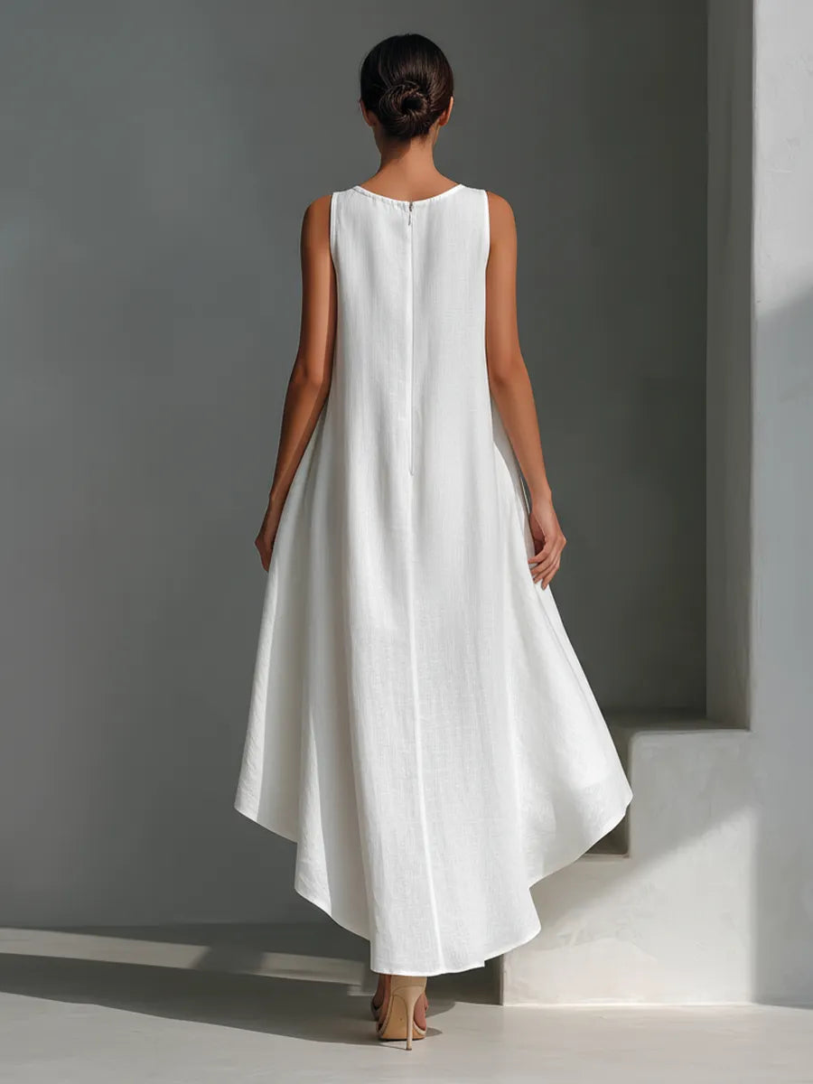 Women's White Linen Fabric Sleeveless Midi Dress With Round Neck