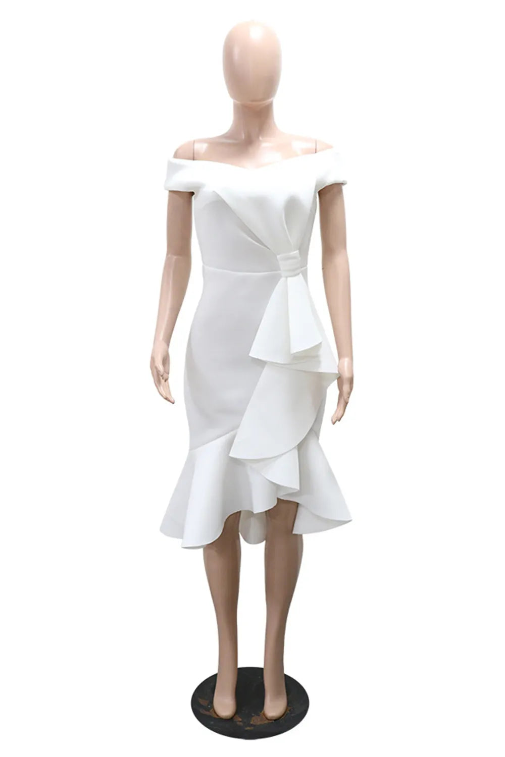 Off Shoulder Knotted Ruffle Solid Color Fishtail Gowns Midi Dresses-White