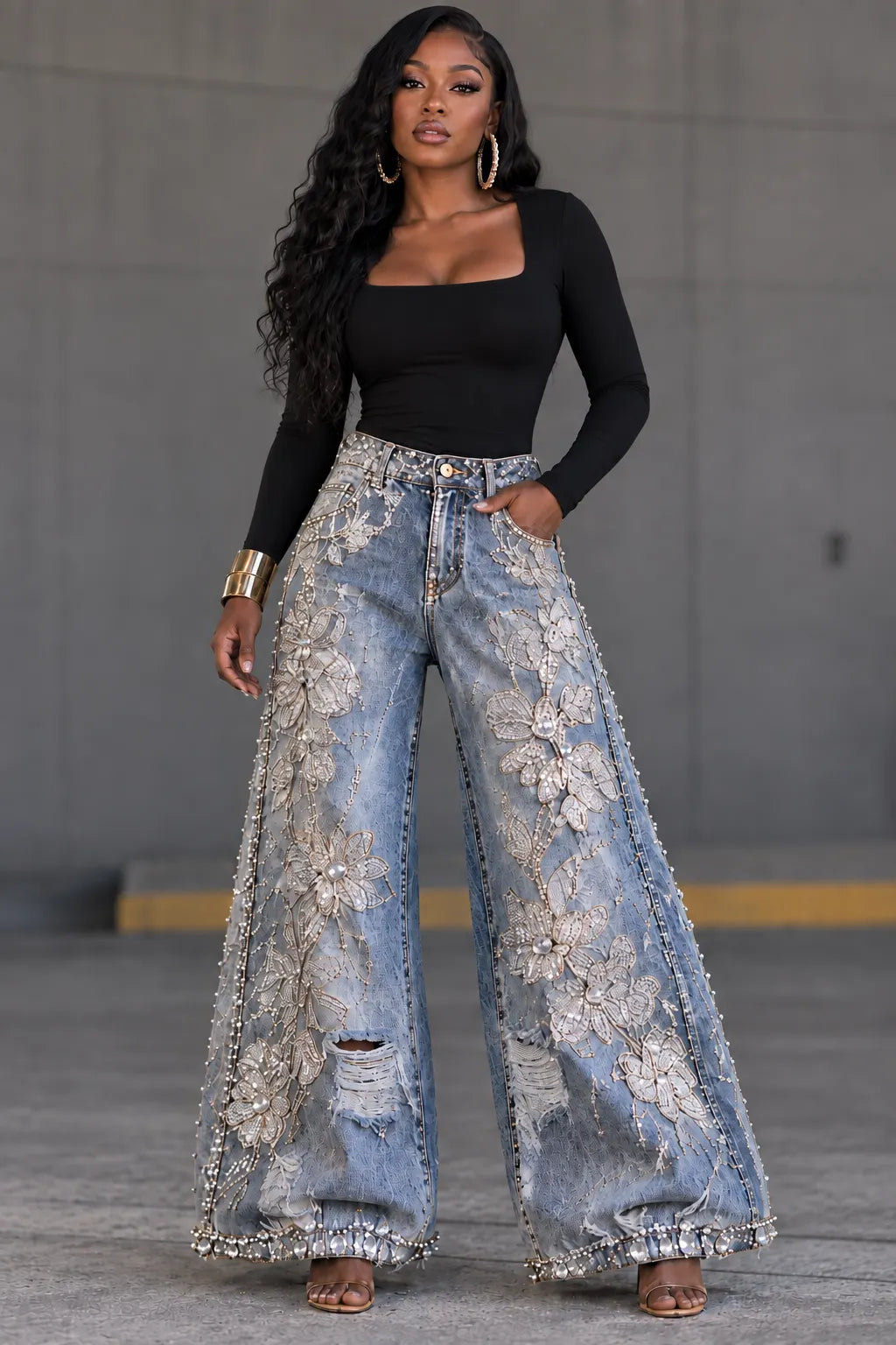 Beaded Floral Embellished Wide Leg Jeans