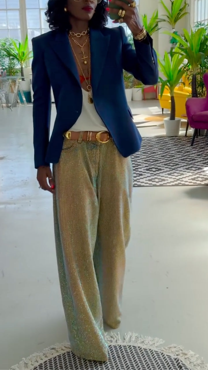 Gold Shimmer High-Waisted Wide-Leg Pants
