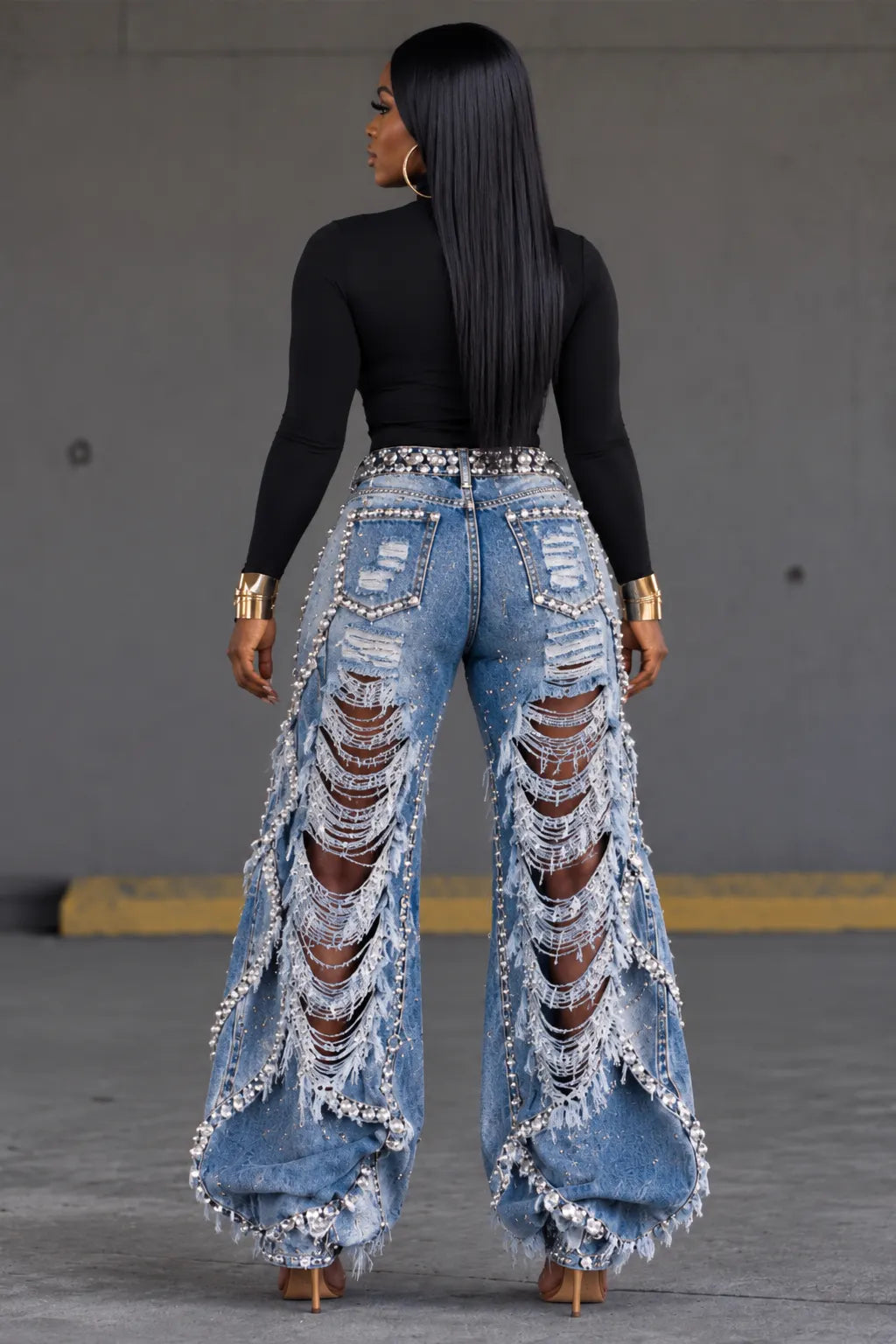 Ripped Fringe Rhinestone Wide Leg Jeans