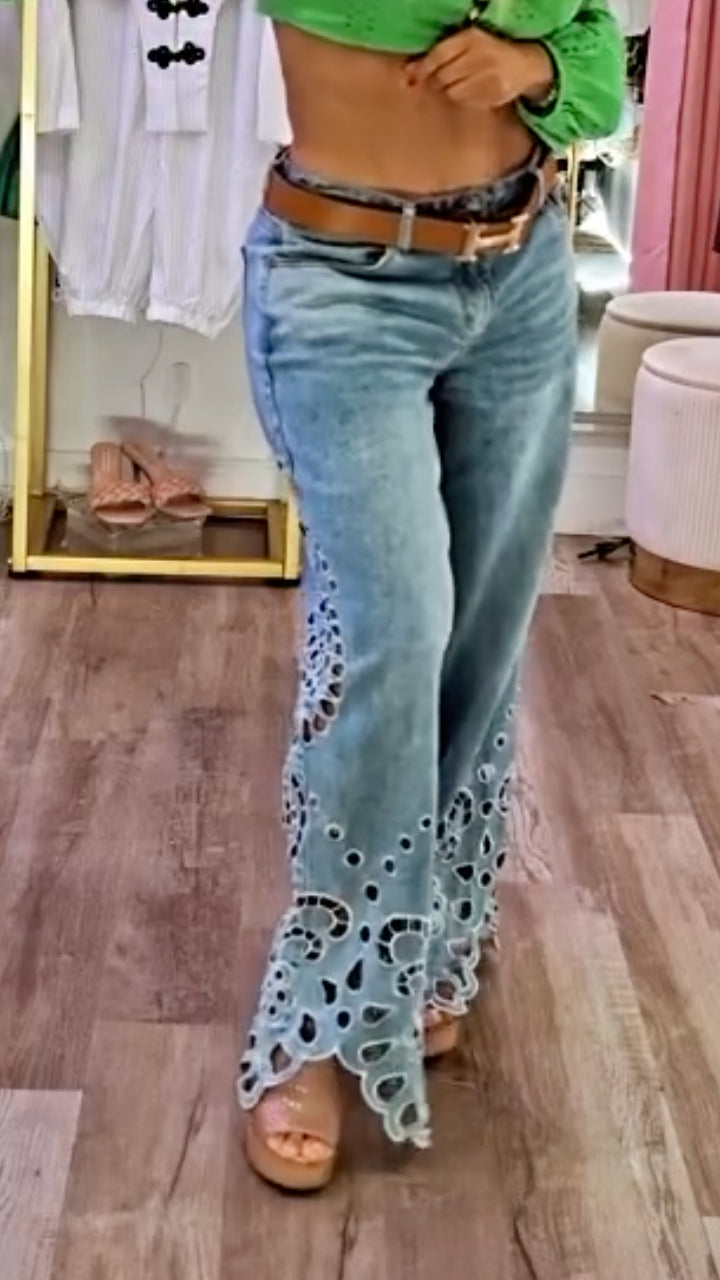Eyelet Floral Wide Leg Jeans