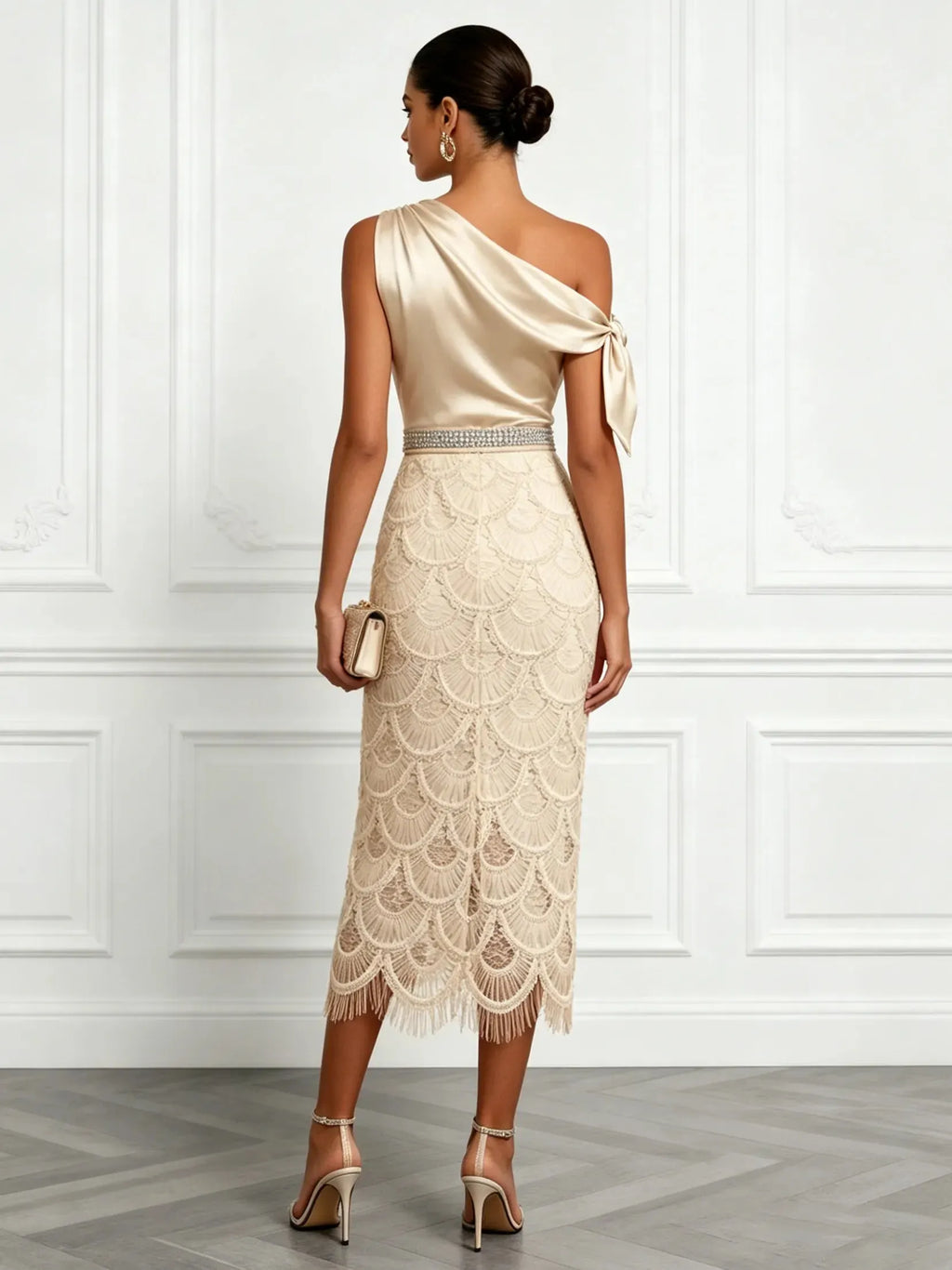 Champagne Rhinestone Bow Satin One Shoulder Short Sleeve Sheath Midi Dress