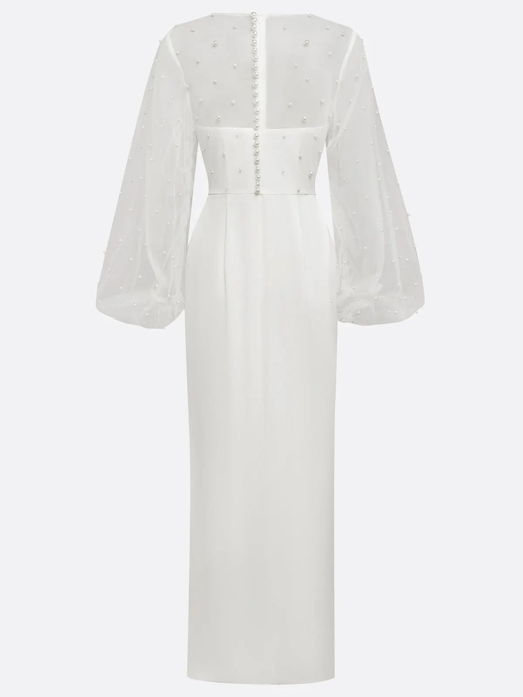 White Faux Pearl Side-Slit Classic Crew Neck Long Sleeve Puff Sleeve Sheath Bridal Gown Dress