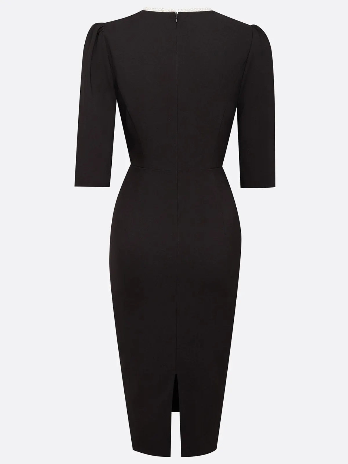 Black Faux Pearl V Neck Sheath Midi Dress