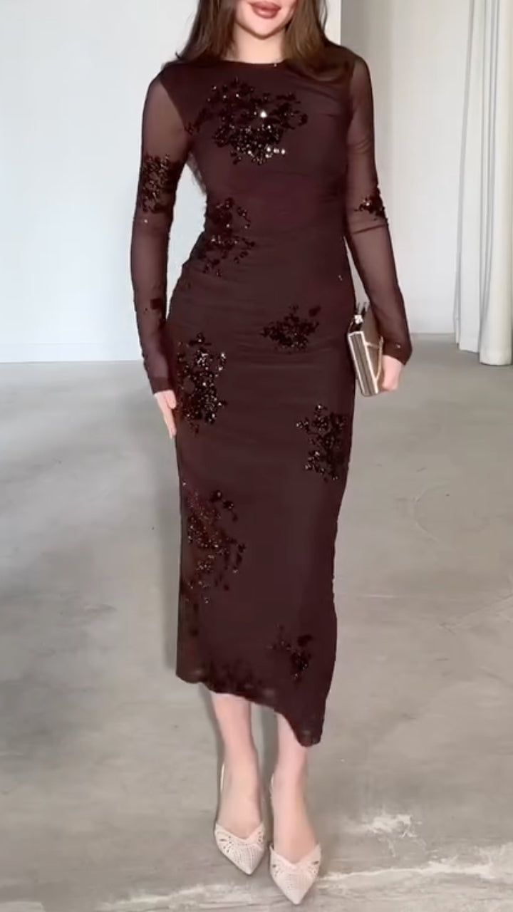 Chocolate Sequin Floral Mesh Long-Sleeve Maxi Dress