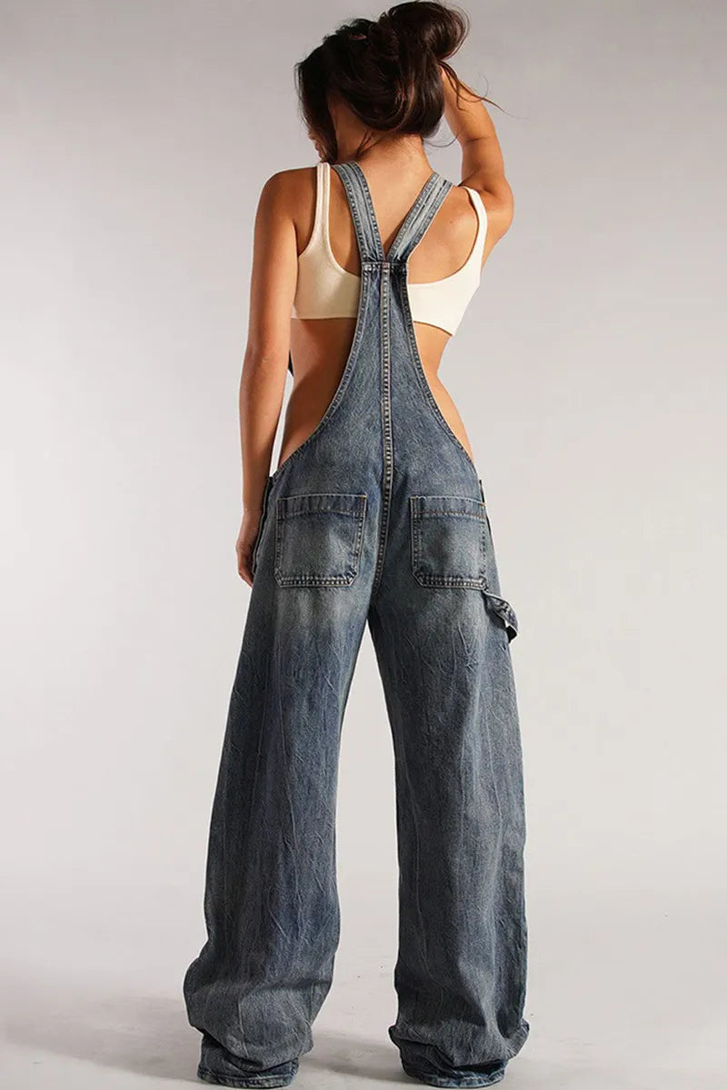 Women's Loose Utility Denim Jumpsuit with Multiple Pockets