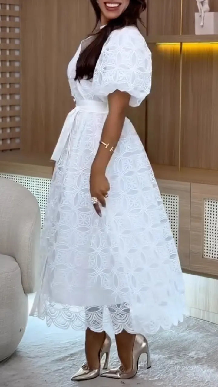 Geometric Lace Puff Sleeve Midi Shirt Dress