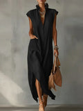Elegant Ruff Collar Fashion Linen Cotton Midi Dress