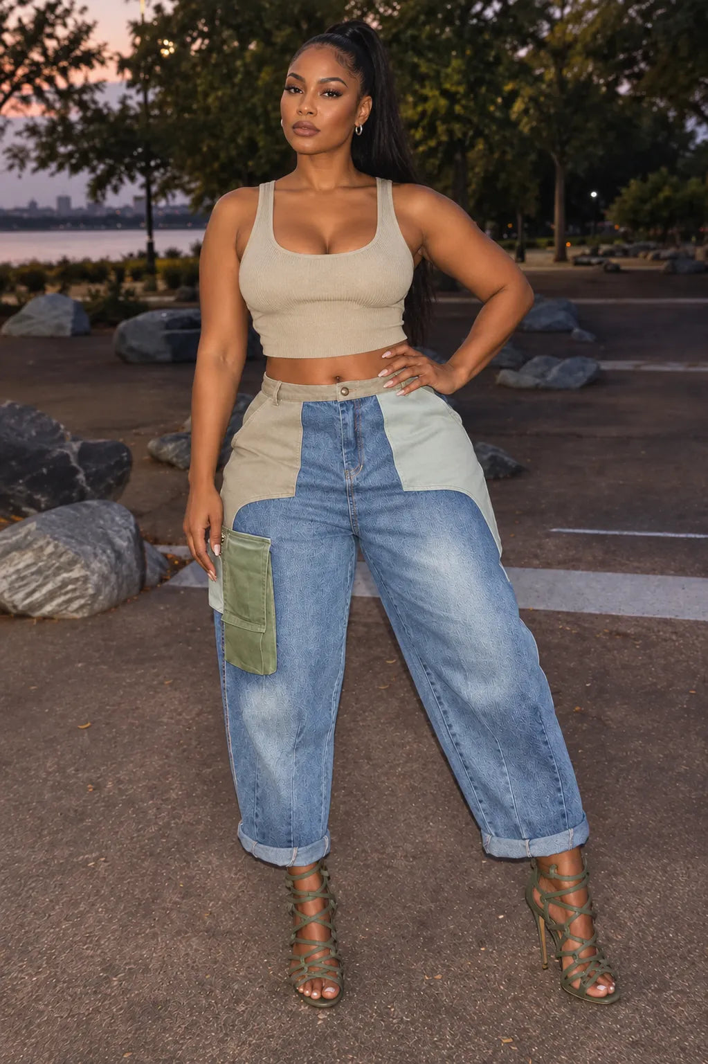 Colorblock Cargo Barrel-Leg Jeans
