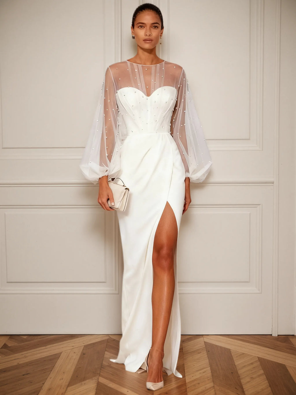 White Faux Pearl Side-Slit Classic Crew Neck Long Sleeve Puff Sleeve Sheath Bridal Gown Dress