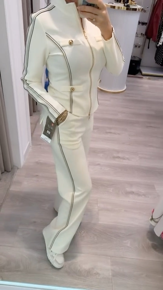 Contrast Piping Zip‑Up Jacket & Wide Leg Pant Tracksuit Set