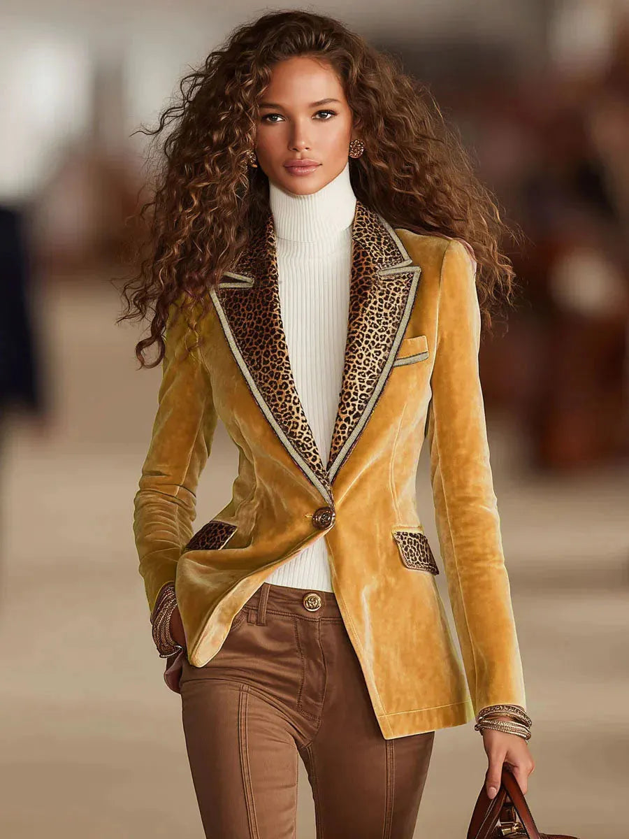 Pink Velvet Stitching Leopard Print One Button Blazer