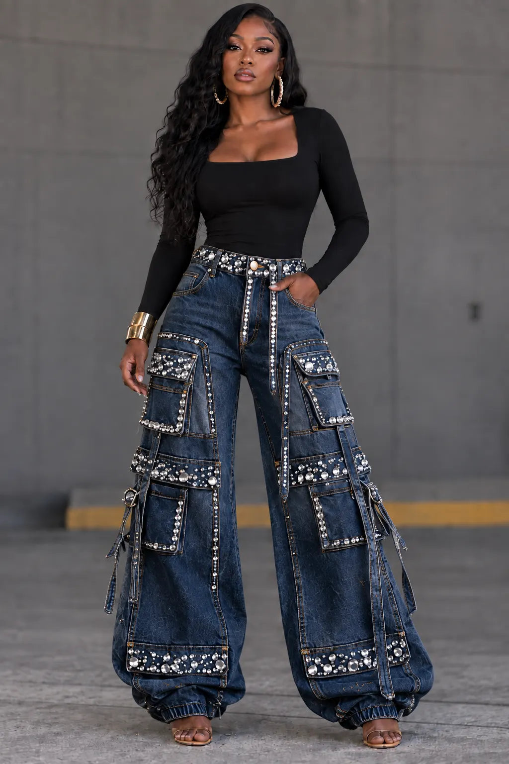 Rhinestone Cargo Baggy Denim Pants