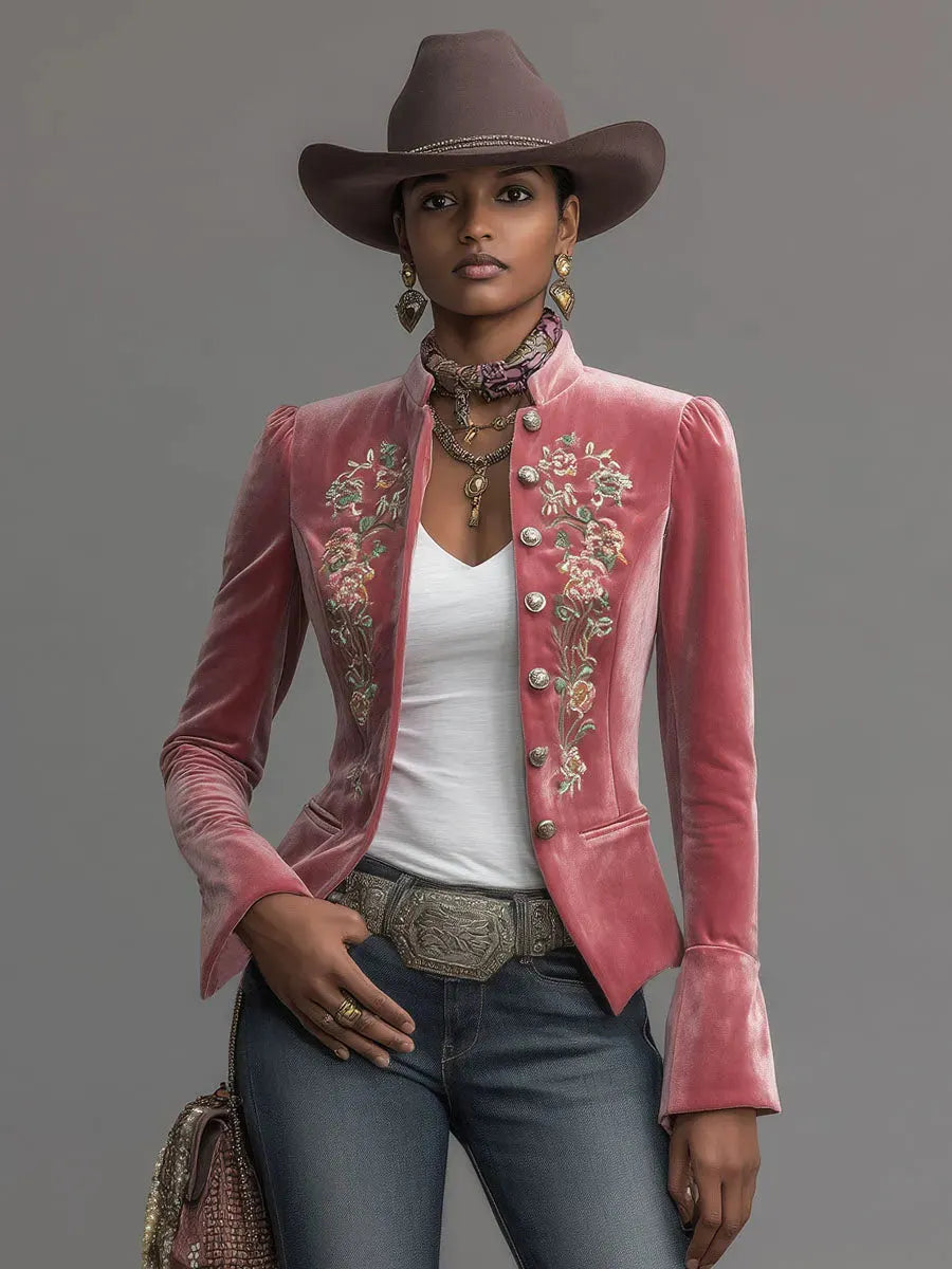 Western-style Stand-up Collar Single-breasted Floral Embroidered Velvet Jacket