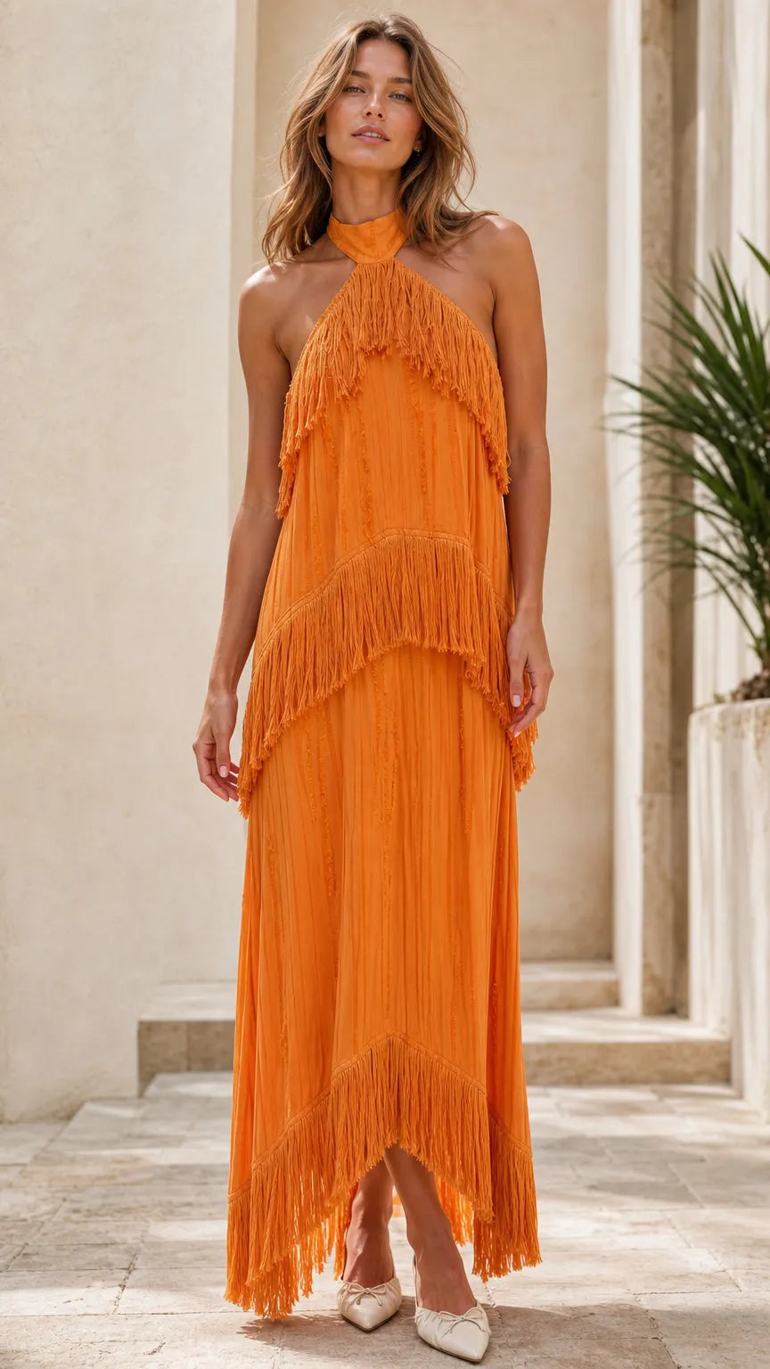 Boho Halter Neck Tiered Fringe Maxi Dress