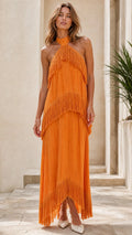Boho Halter Neck Tiered Fringe Maxi Dress