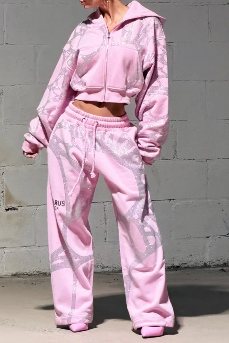 Pink Glitter Print Cropped Hooded Tracksuit Set