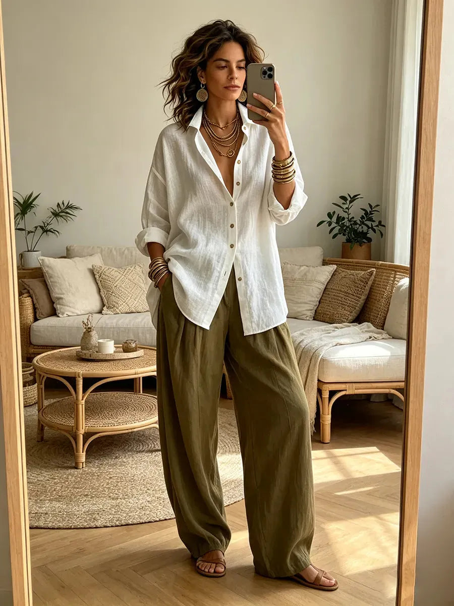 Chic Casual Relaxed-fit Olive Green Cotton Linen Outfit Set