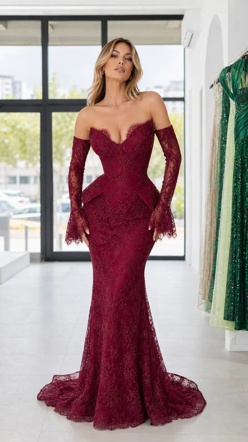Off-the-Shoulder Peplum Lace Mermaid Evening Gown with Long Sleeves