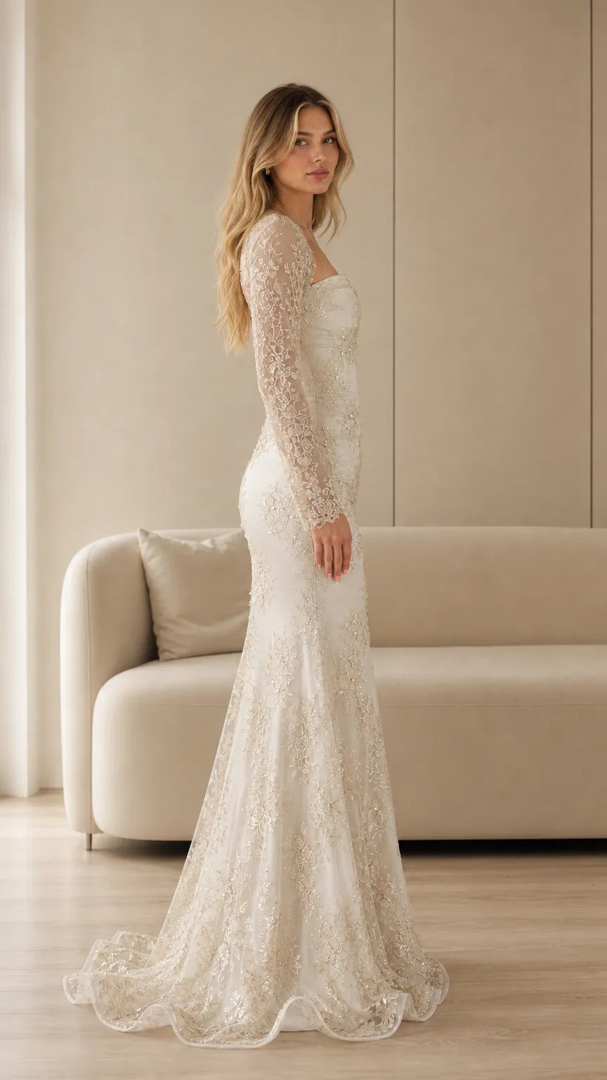 Elegant Embroidered Lace Mermaid Evening Gown with Long Sleeve Bolero