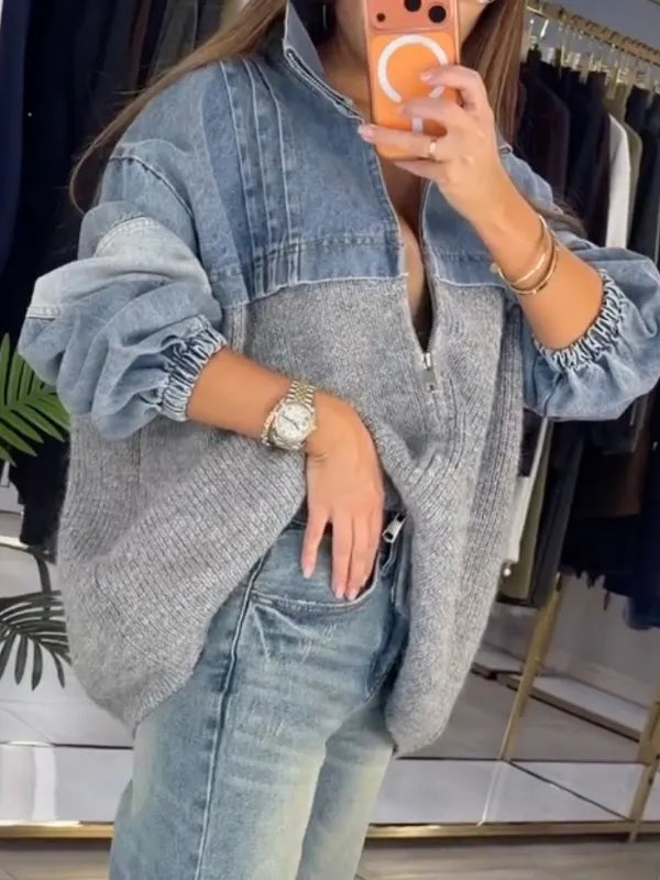 Denim Knit Patchwork Zip Up Jacket