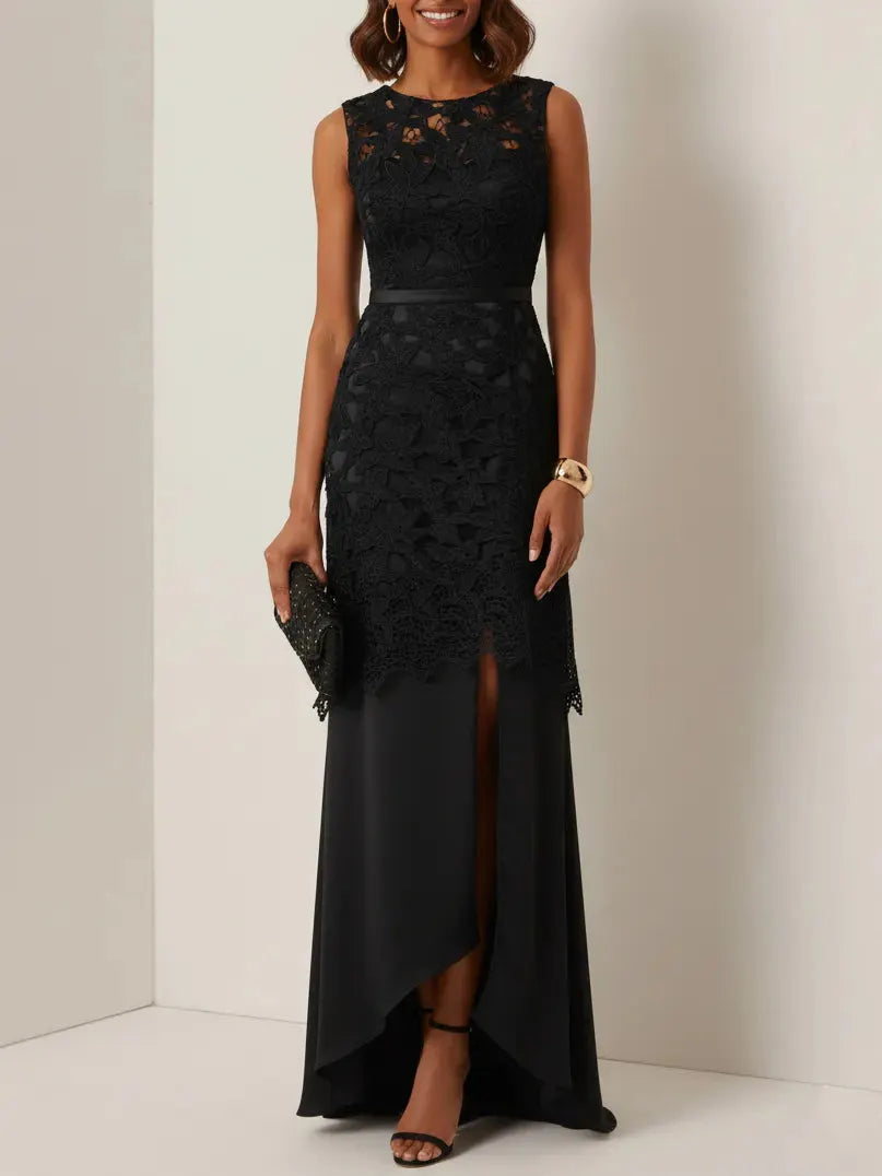 Black Lace Split Joint Classic Boat Neck Sleeveless Mermaid Gown Dress