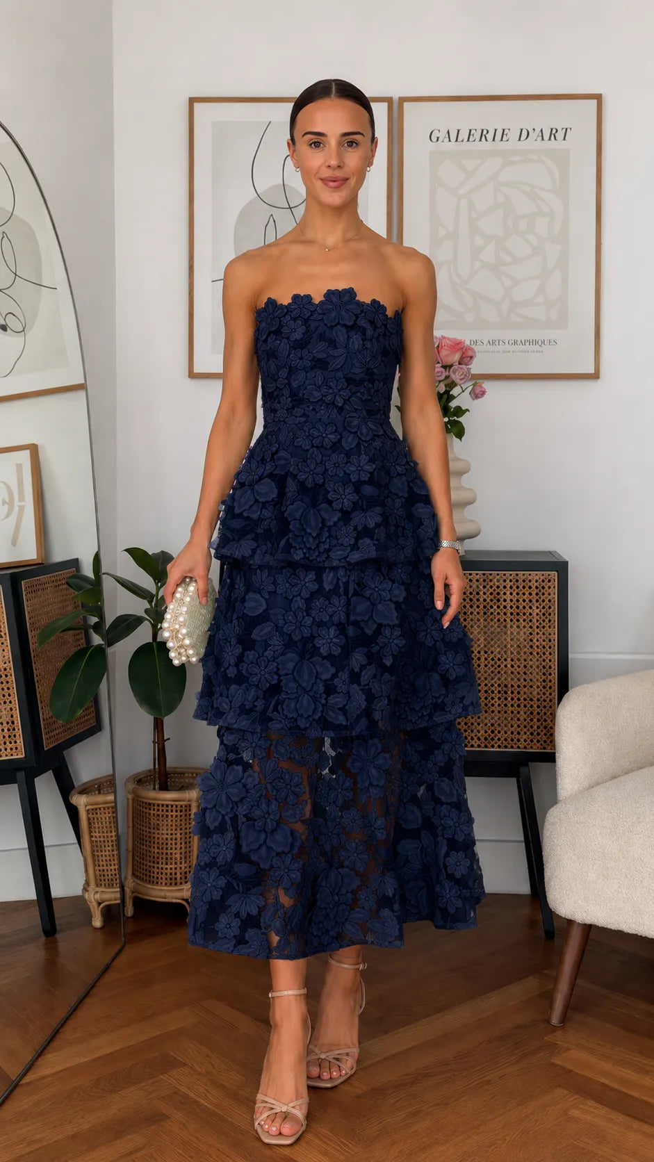 3D Floral Strapless Tiered Midi Dress