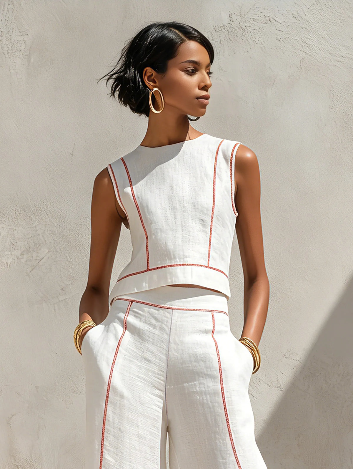 Women's Minimalist Linen-Blend Contrast-Stitched Blouse & Wide-Leg Pants Set MDZ1599E9Y