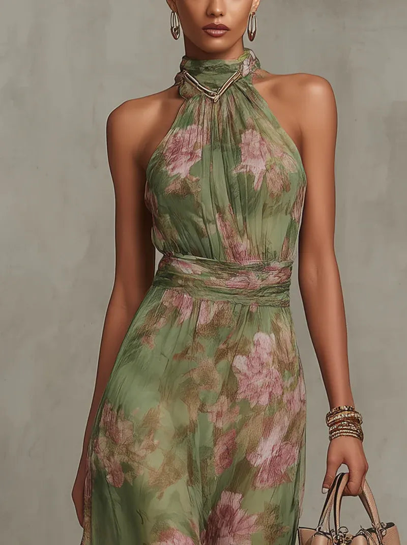 Green Floral Chiffon Halter Maxi Dress