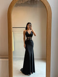 Cocoslly Halter Sleeveless High Waist Long Mermaid Prom Dress | Black Satin CO0114