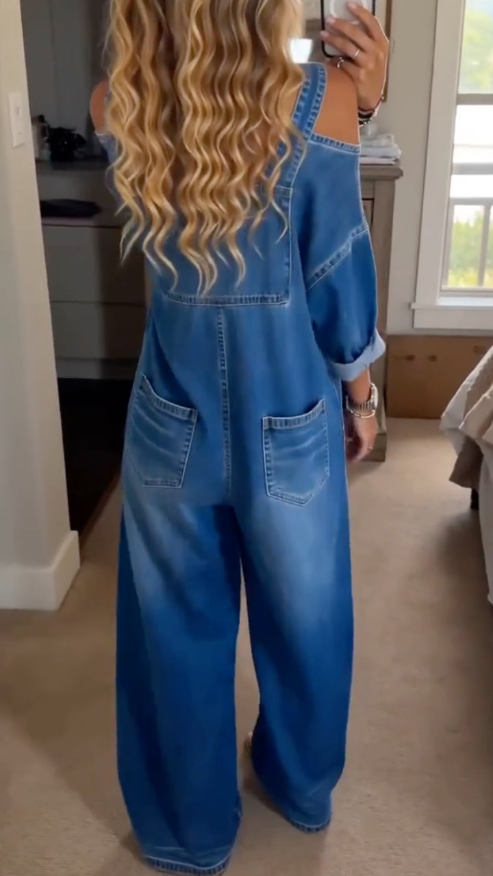 Blue Denim Off‑Shoulder Wide Leg Jumpsuit