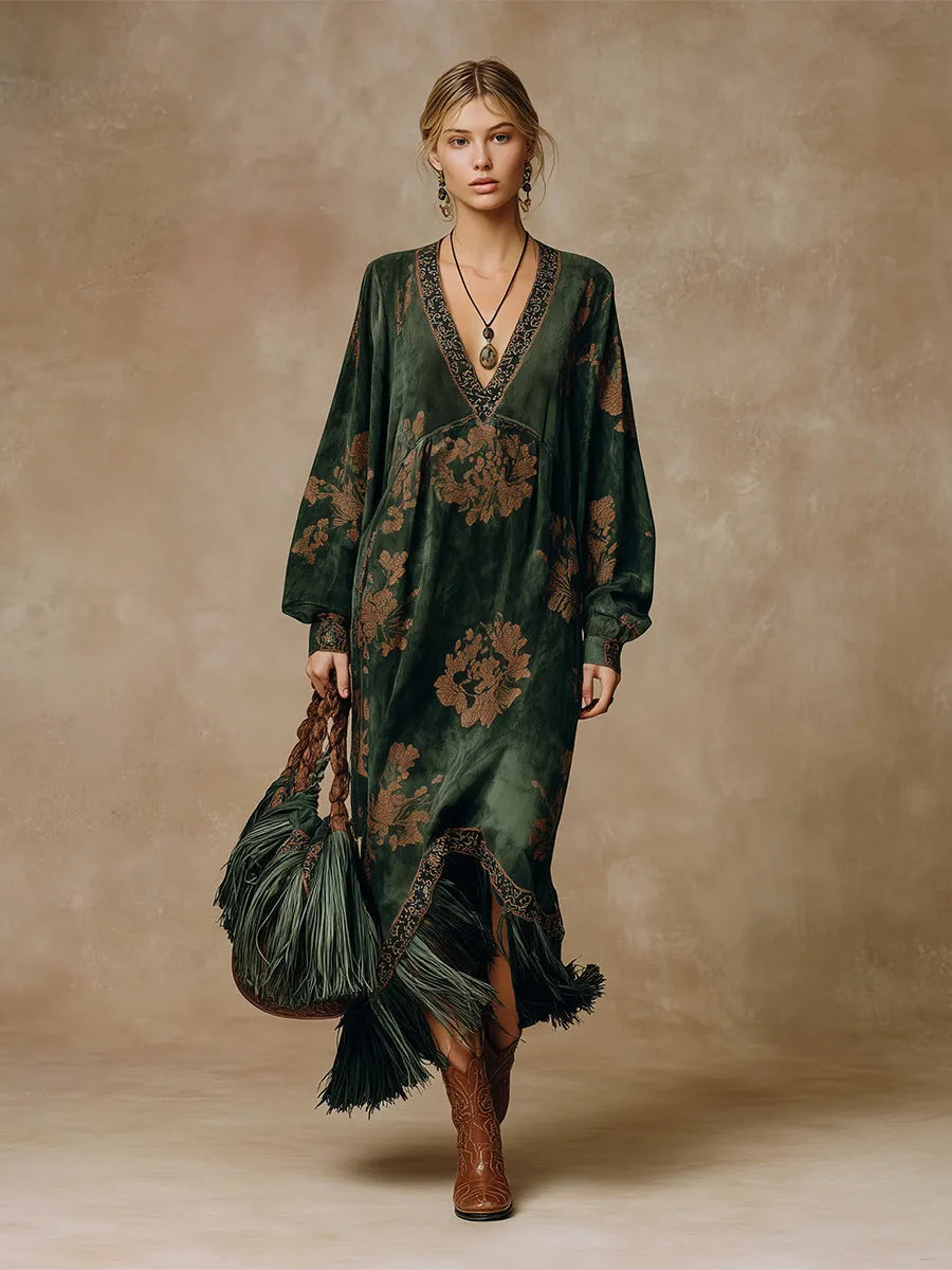 Retro Silhouette Printed Green Faux Suede Tassel Maxi Dress