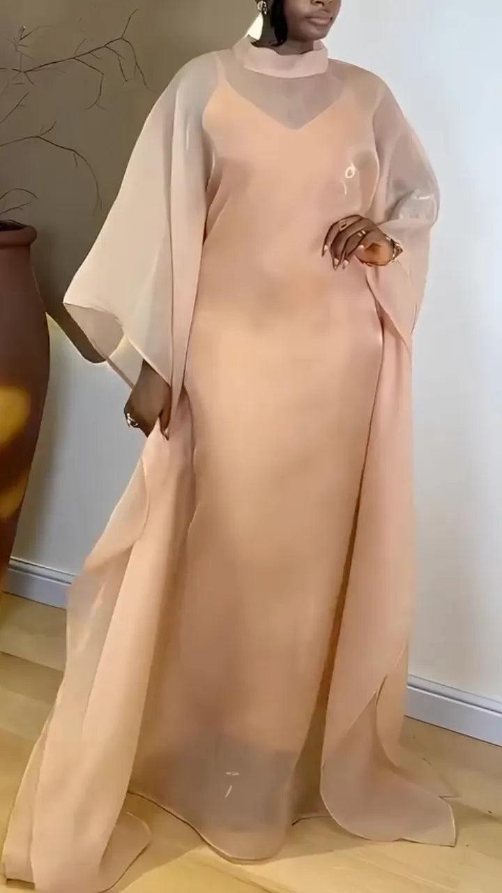 Chiffon Cape Sleeve Satin Maxi Evening Gown